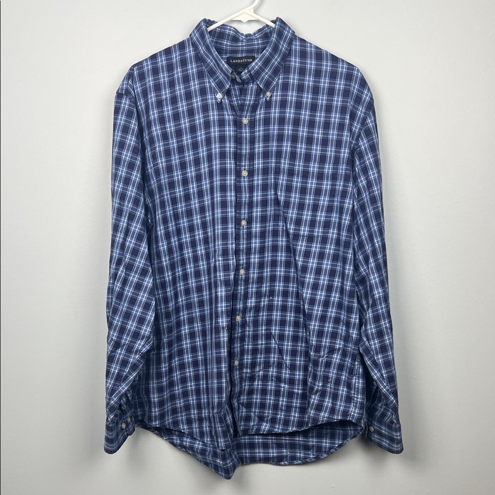 Lands End men’s large blue plaid button down shirt